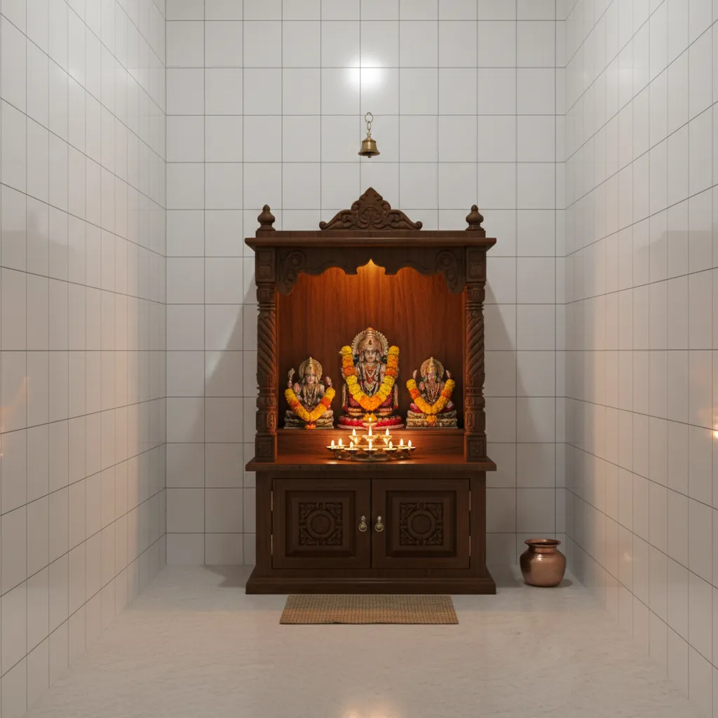 minimal pooja room with white tiles and wooden mandir