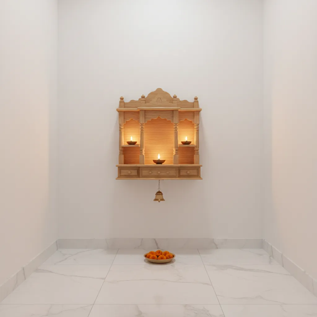 Minimal pooja room with white walls wooden temple and warm lighting