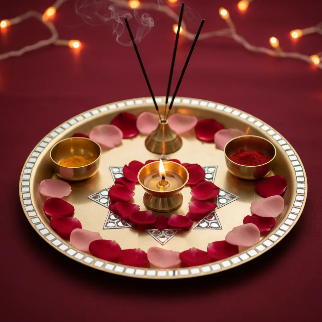 minimal pooja thali decoration with mirror stickers and petals