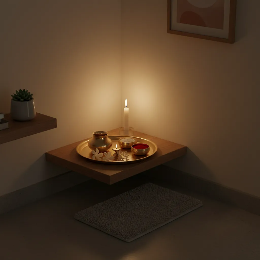 Minimal pooja thali placed in a small apartment prayer corner