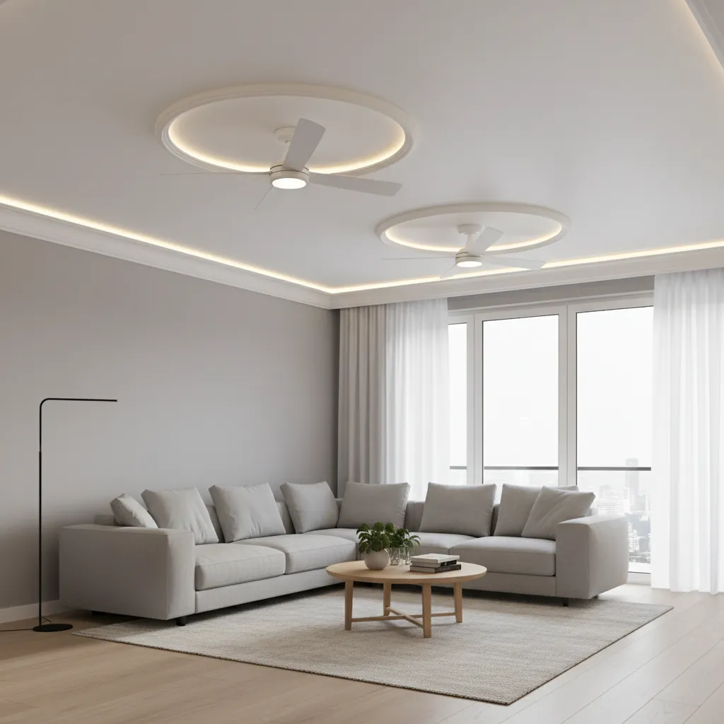 Minimal POP ceiling with circular highlight frames around two ceiling fans