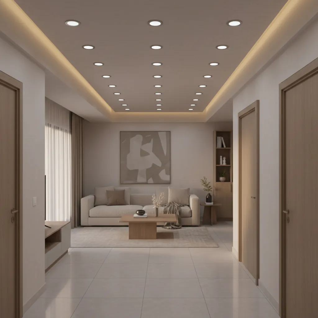 minimal POP ceiling with recessed lights in a small hall living room