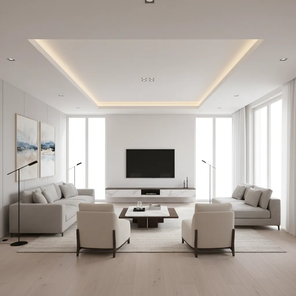 simple POP ceiling design in a modern living hall with clean white tray ceiling