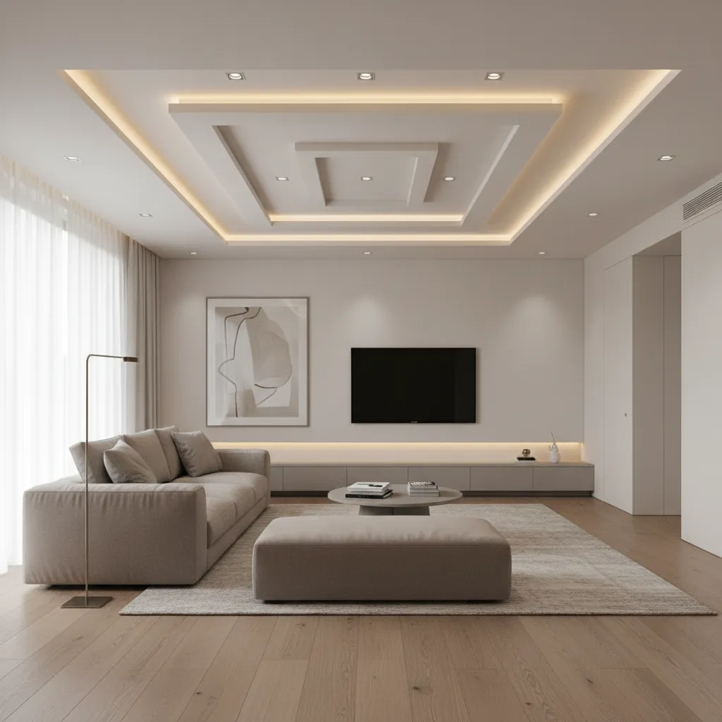minimal plaster of paris ceiling with recessed lighting in modern living room
