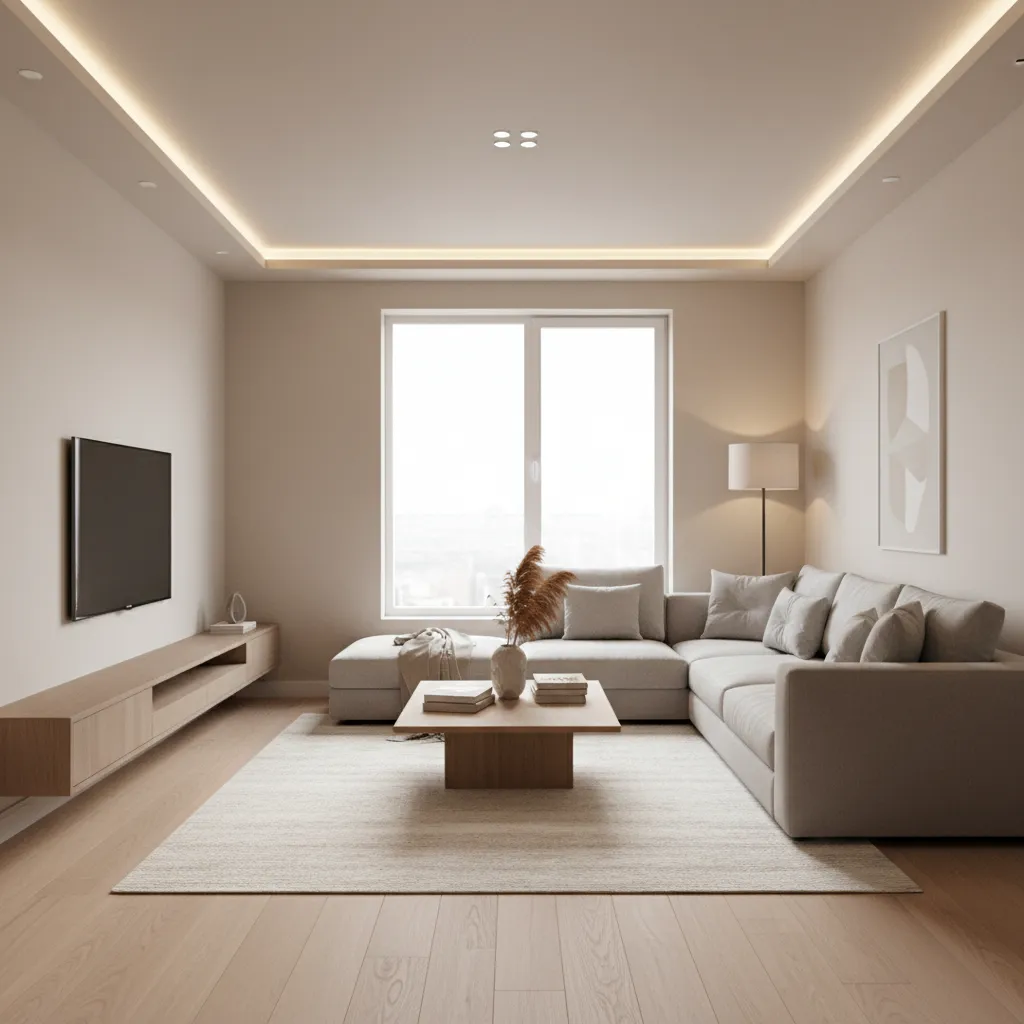 Minimalist living room with beige sofa wooden coffee table large window and hidden ceiling light