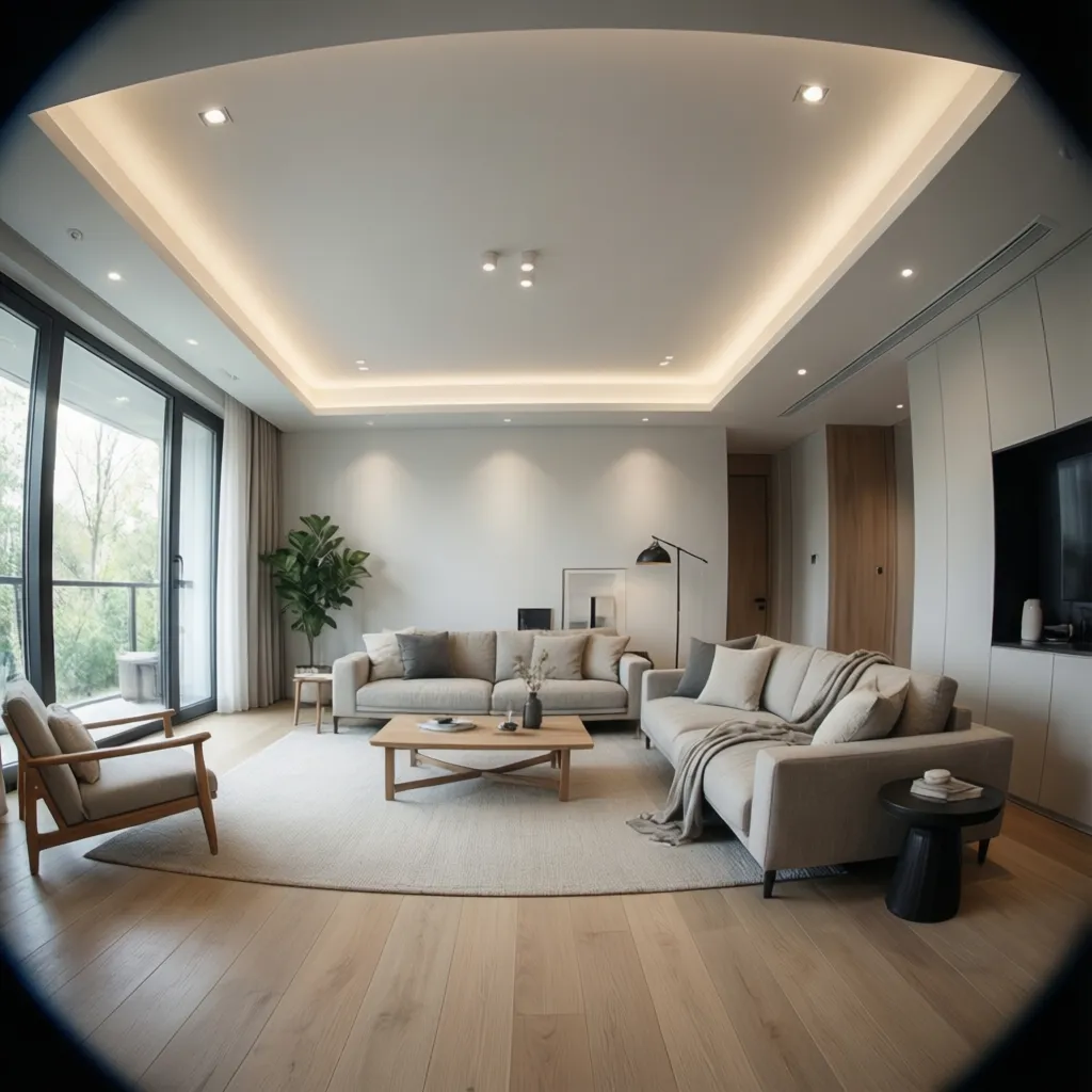Minimal modern living room with simple POP drop ceiling and recessed lights