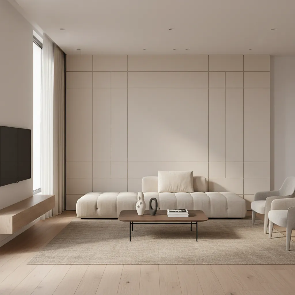 Living room with minimal rectangular POP wall panel design behind sofa