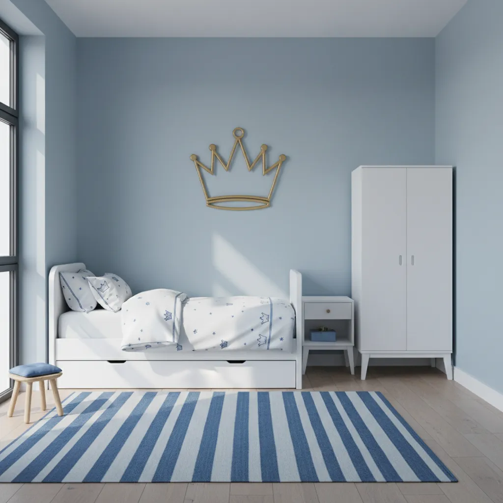 minimal royal prince themed bedroom with blue walls and crown decoration