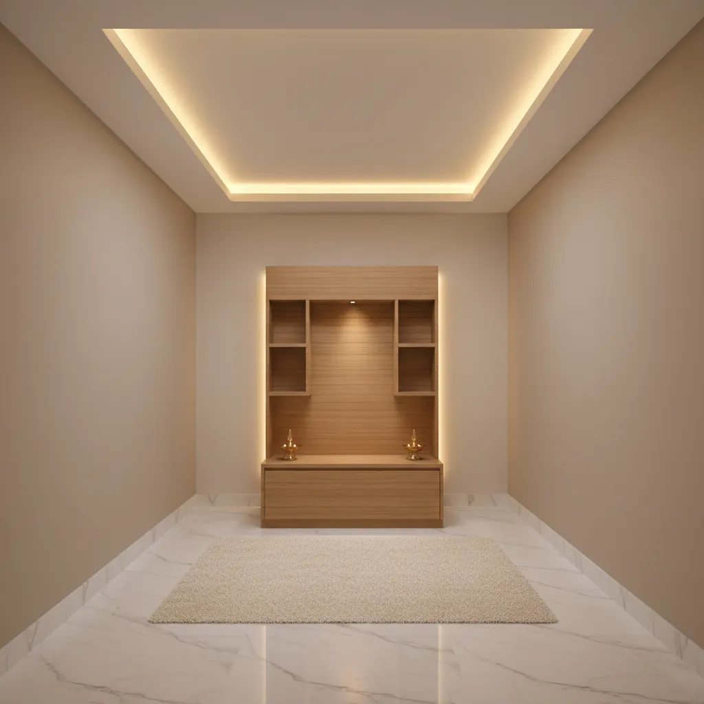 minimal puja room with soft tray ceiling lighting