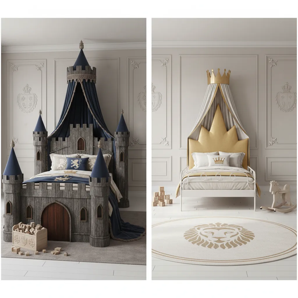 Comparison of bulky castle bed and minimal royal bed in small kids bedroom