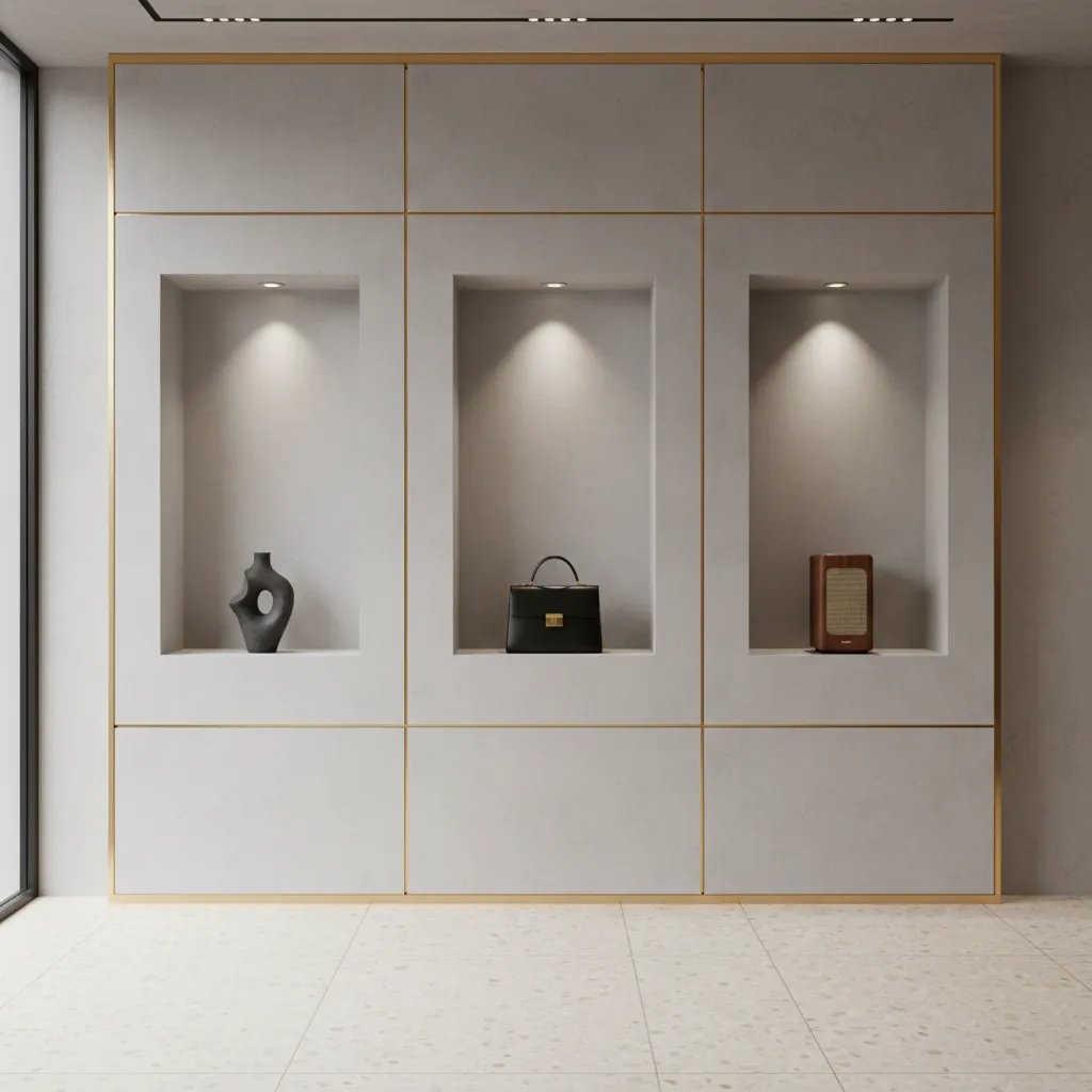 Minimal showroom wall with limited product display and strong spacing
