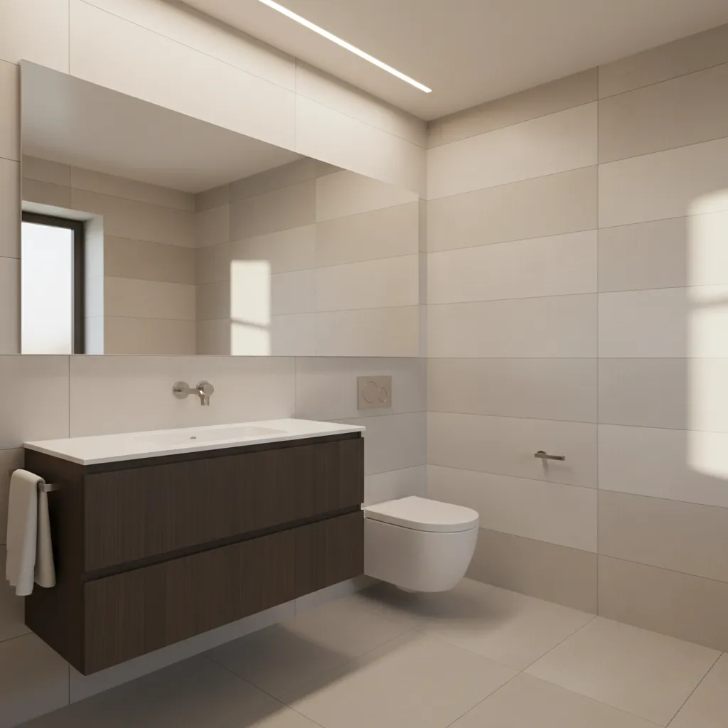 Baño pequeño con azulejos grandes y diseño minimalista