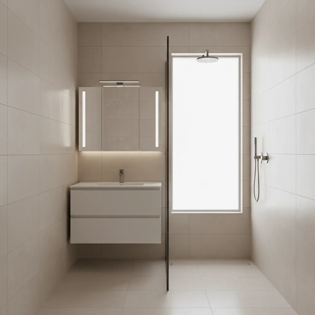 minimal small bathroom with shower glass divider floating vanity and bright tiles