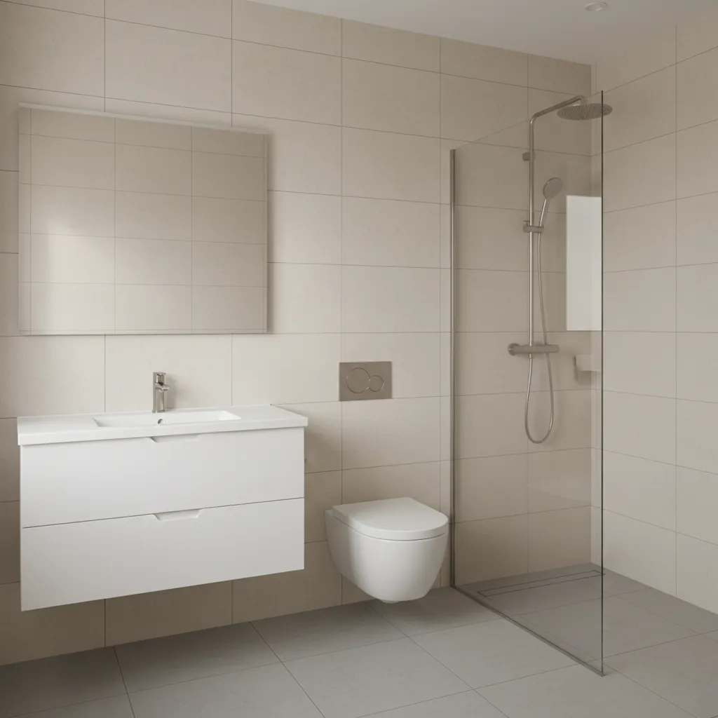 Minimalist small bathroom with continuous wall tiles and neutral tones