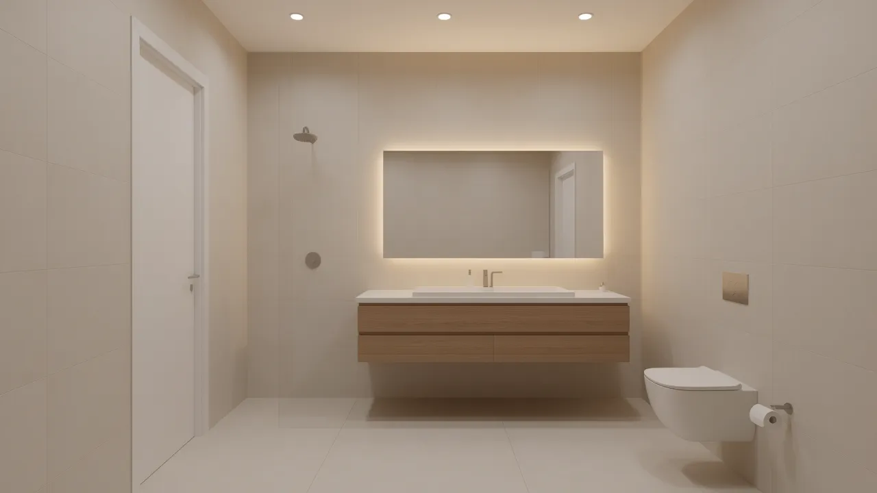 Minimal small bathroom with cohesive tile design and light tones