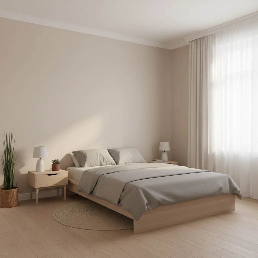 Small bedroom with soft neutral painted walls and simple layout