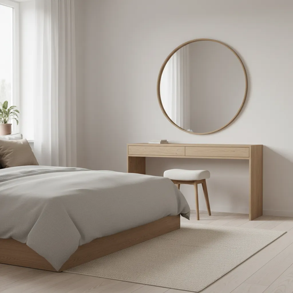 Small bedroom with minimalist dressing table and round mirror