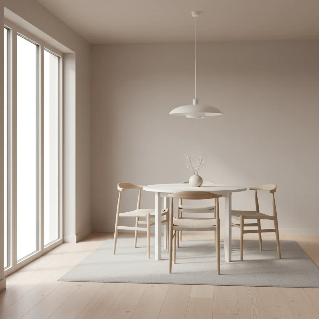 minimal small dining room with light furniture and simple lighting