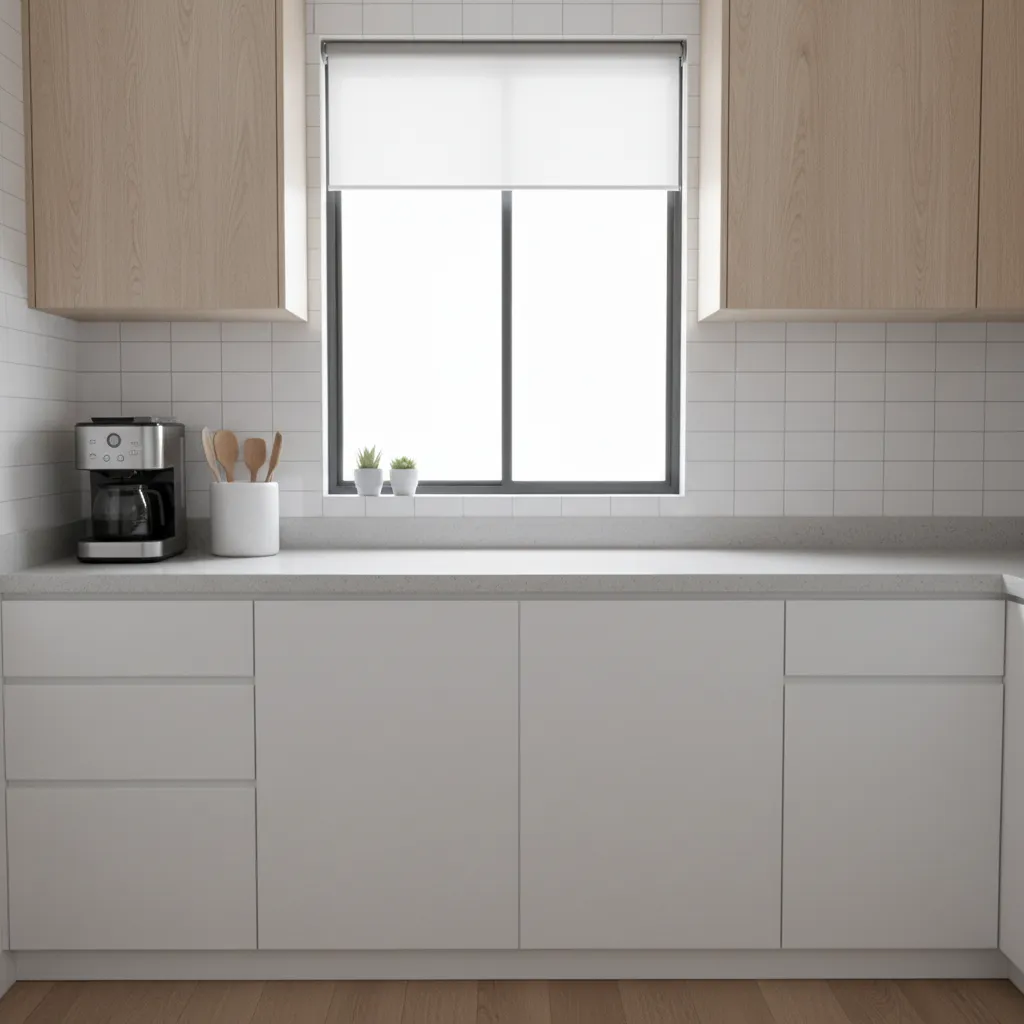 minimalist small kitchen counter with clear workspace and few items