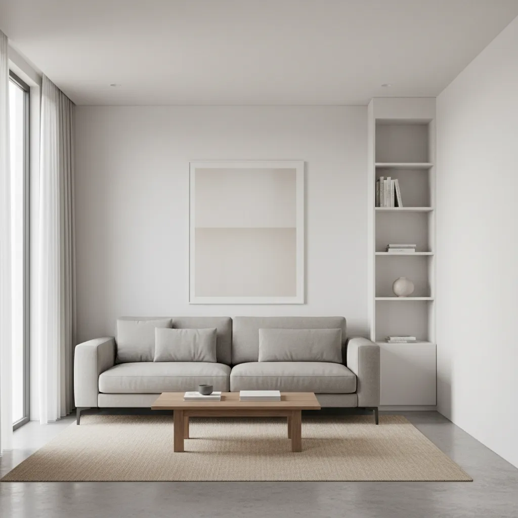 Small living room with minimal flat ceiling and soft lighting