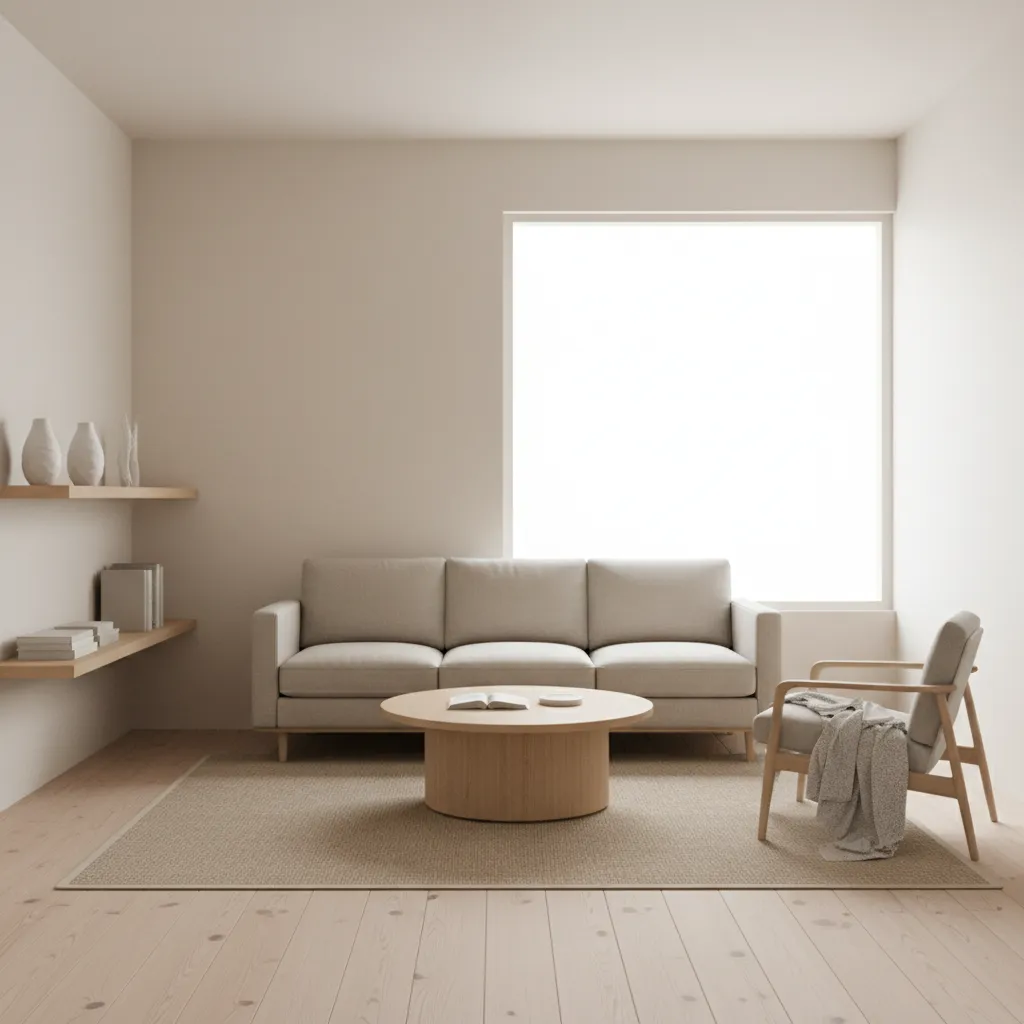Minimal decluttered small living room design with clean decor and simple furniture
