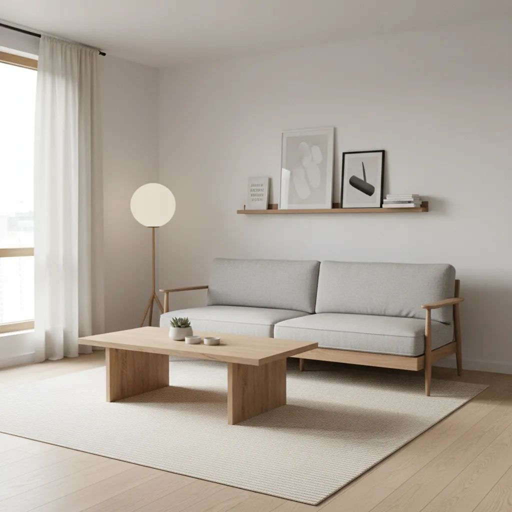 Minimalist small living room with simple sofa and neutral decor