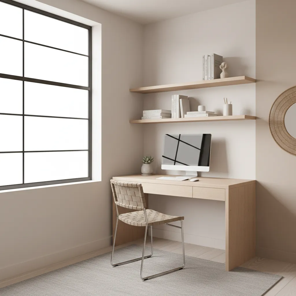 Minimal small study room with compact desk and organized shelves