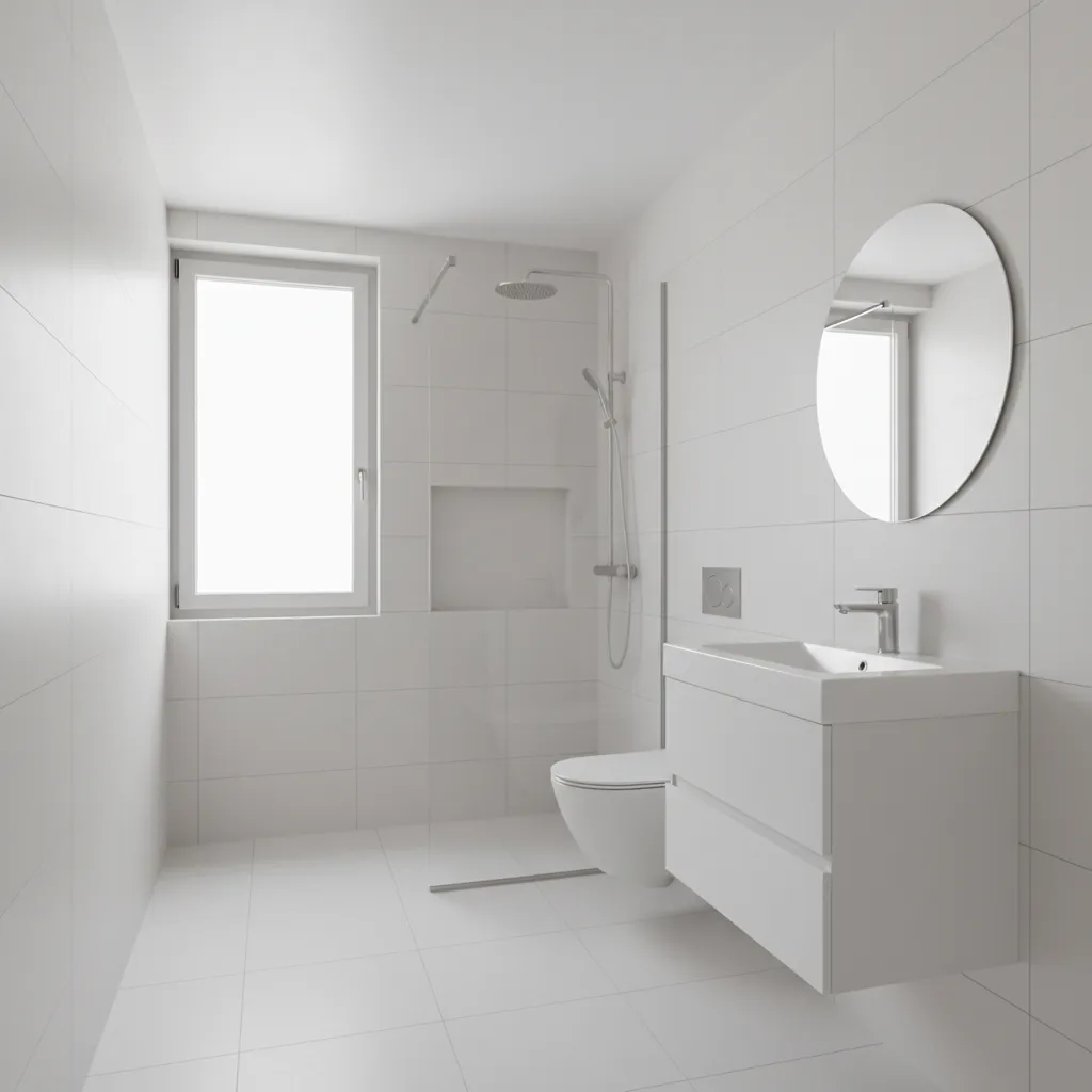 Minimal white bathroom interior with bright lighting and compact layout