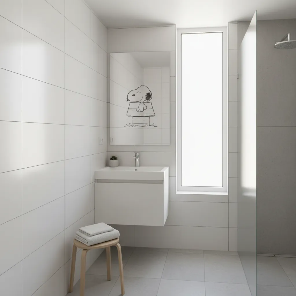 small white bathroom with subtle snoopy wall art and simple decor