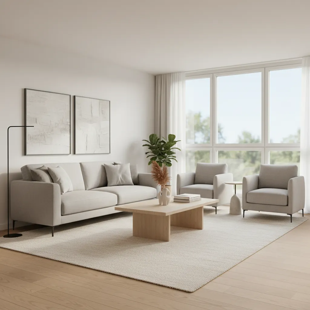 Minimal professionally staged living room designed for real estate listing photos