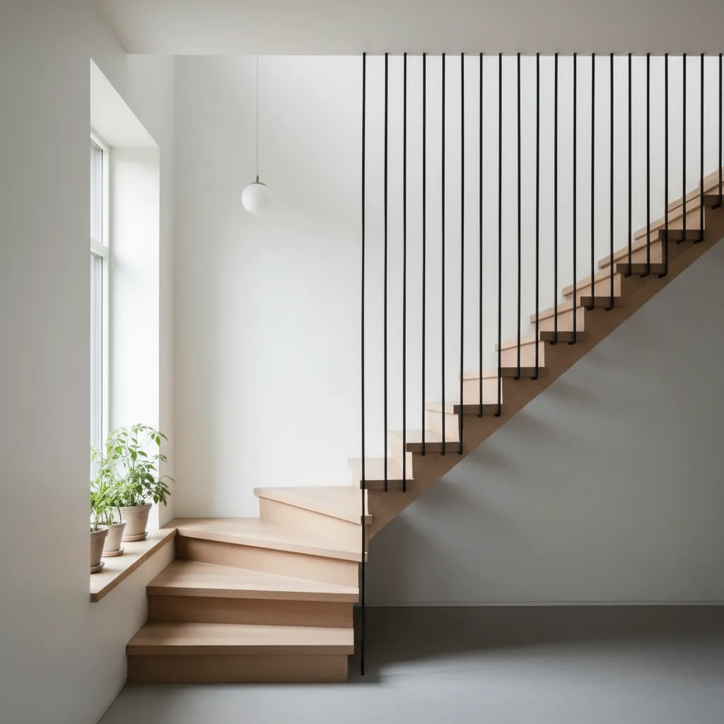 Escalera ligera con barandilla minimalista en interior moderno