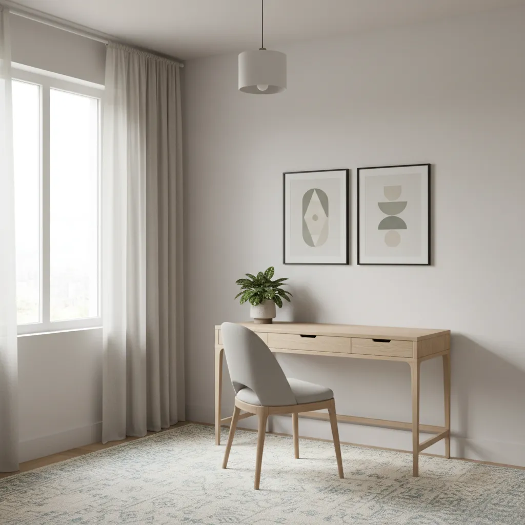 Minimal study room with calm wall decor and organized desk area