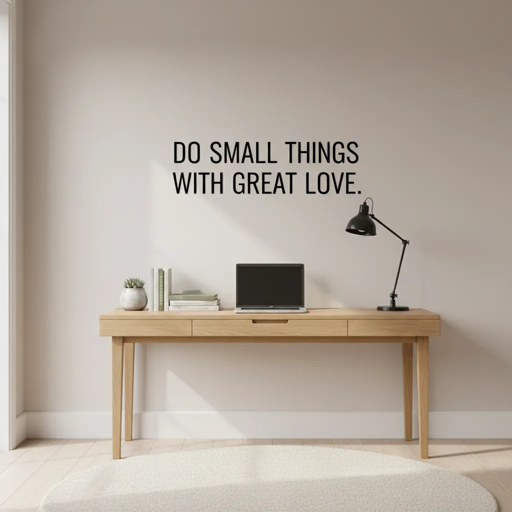Minimalist study room with motivational quote above desk