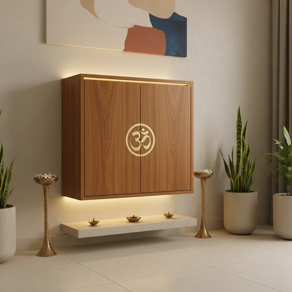 Minimal teak pooja door with brass inlay symbol