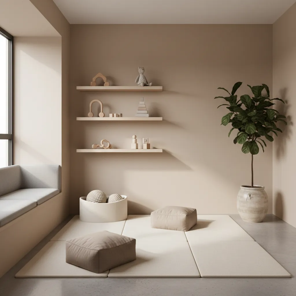 minimal kids play area with limited toys organized on shelves