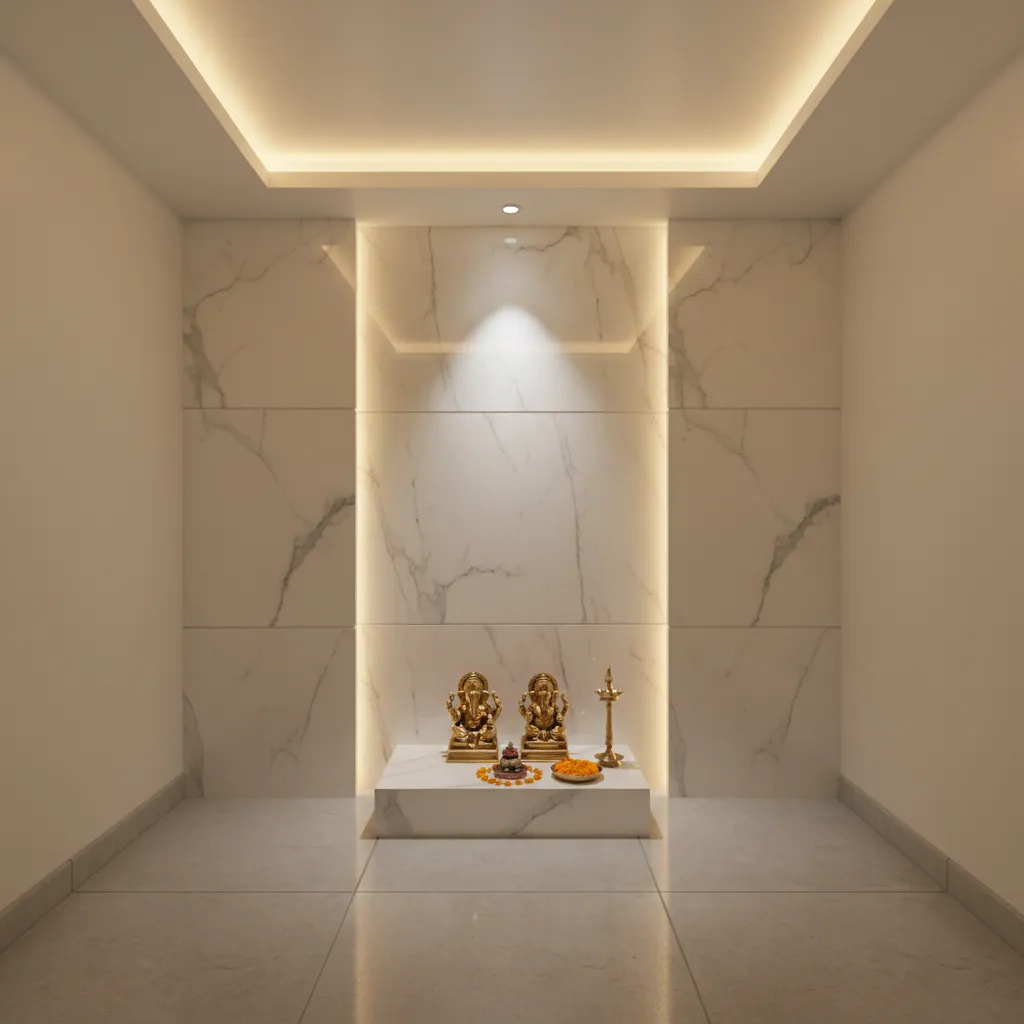 Minimal tray ceiling with LED strip in small pooja room
