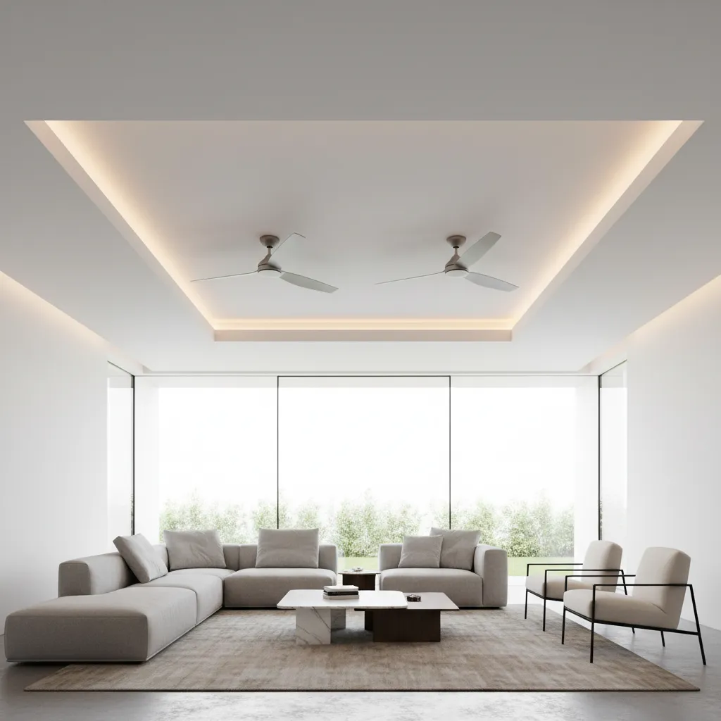 minimal tray ceiling with two ceiling fans in modern living room