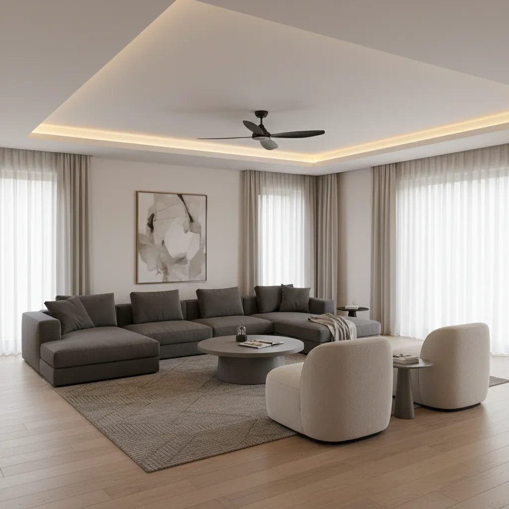 Minimal tray POP ceiling with ceiling fan and indirect lighting