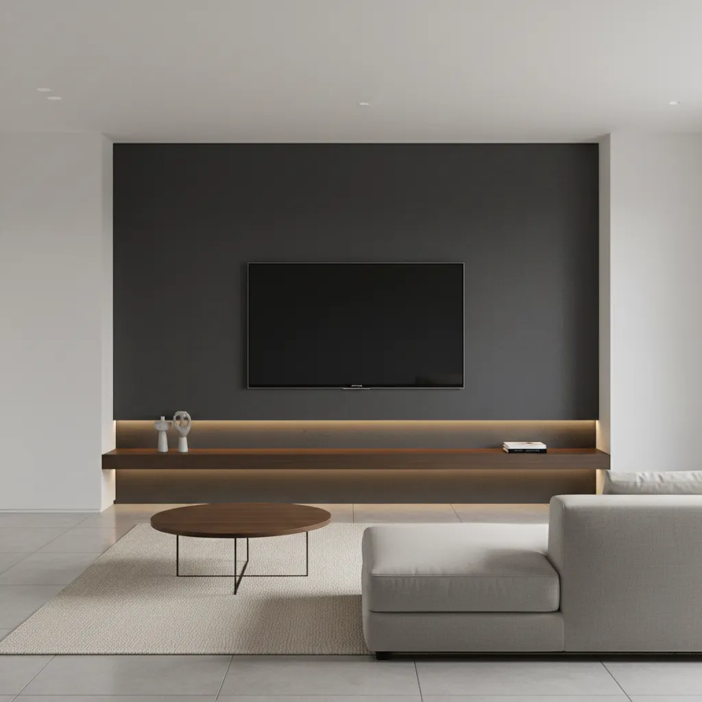 Minimalist TV wall with 65 inch television and limited decor