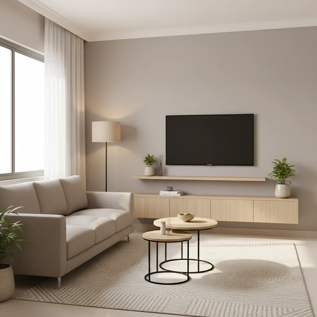 Minimalist living room with grey sofa, wooden coffee tables, floor lamp, and wall mounted TV