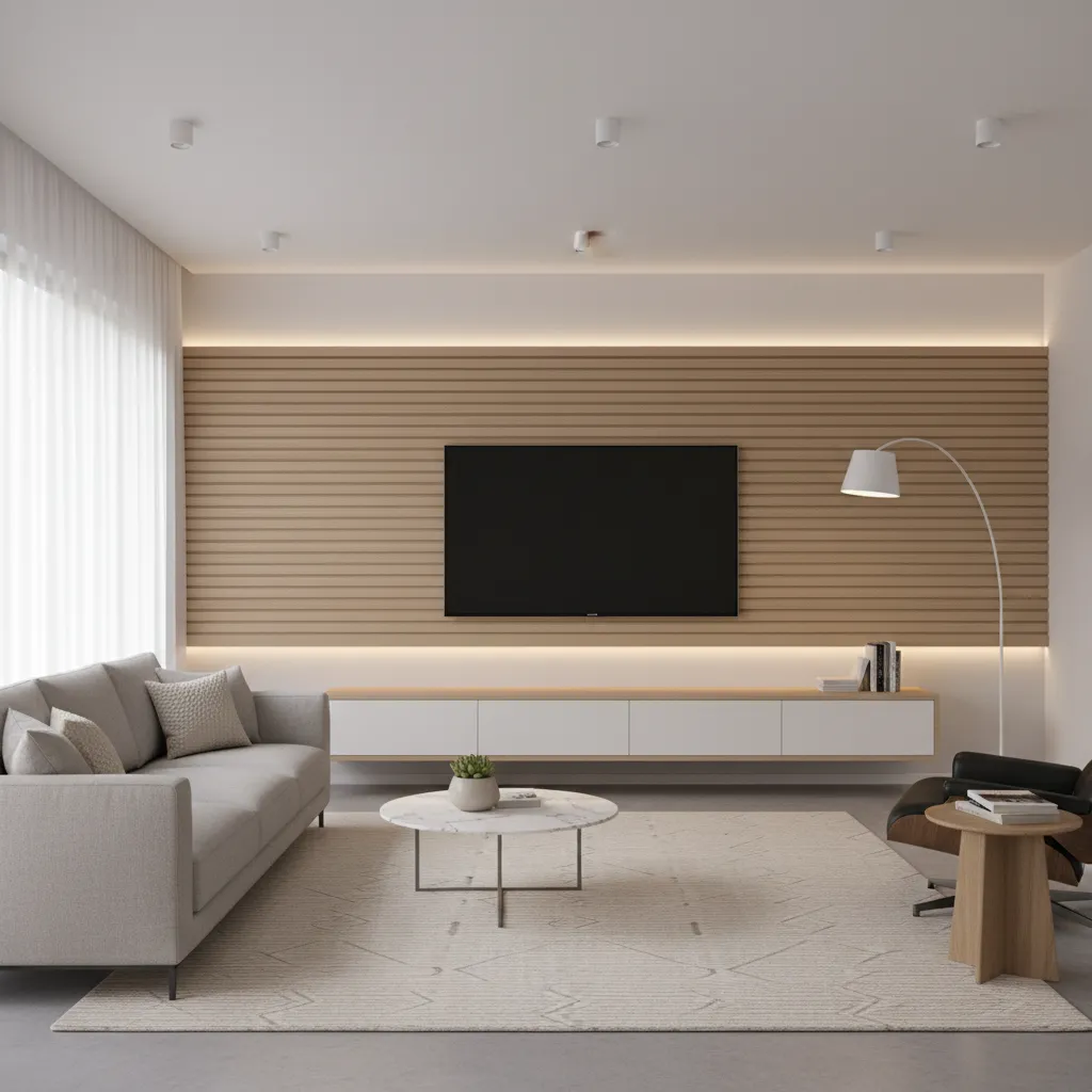 Minimal modern living hall with wall mounted TV and simple floating console
