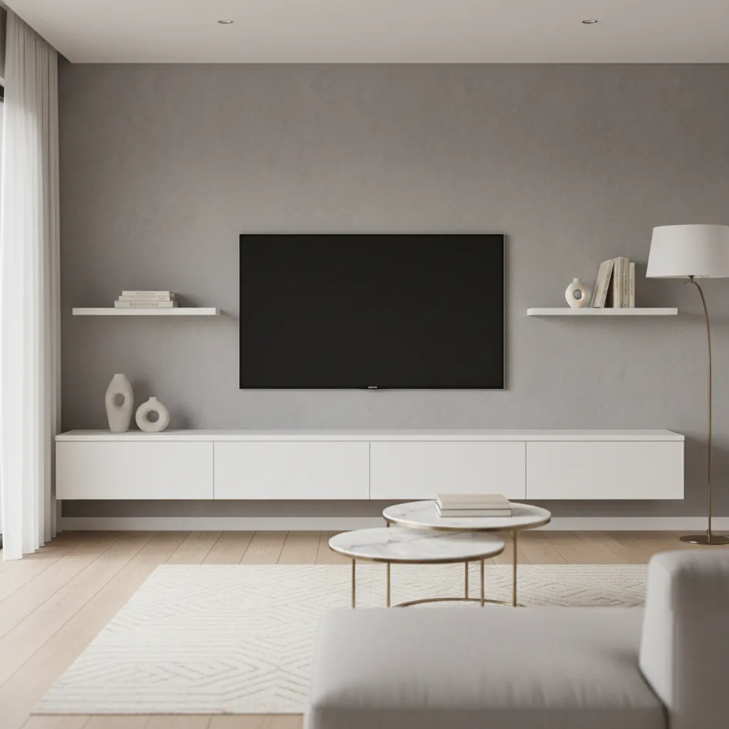 Minimal TV wall with floating console and shelves in small living room