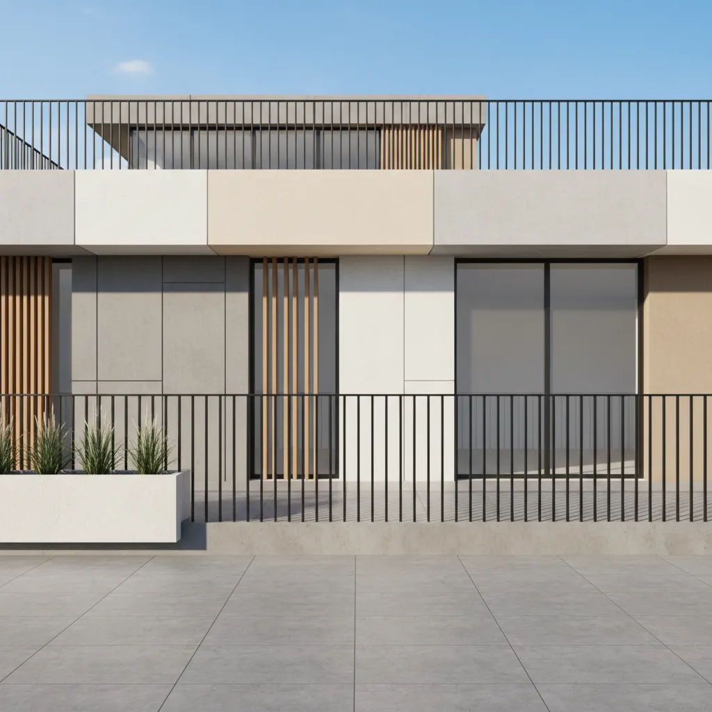 Minimal vertical iron railing on modern balcony