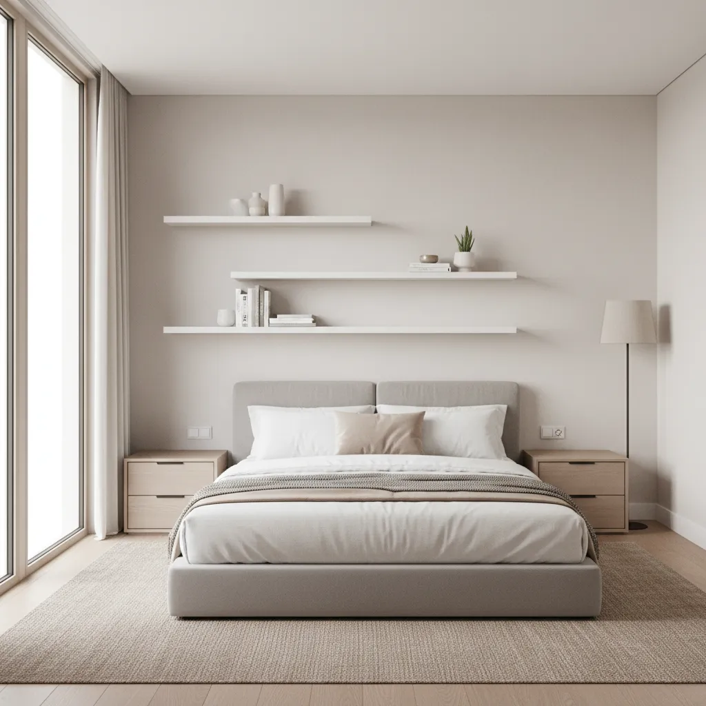 Minimal wall storage shelves in a compact bedroom interior