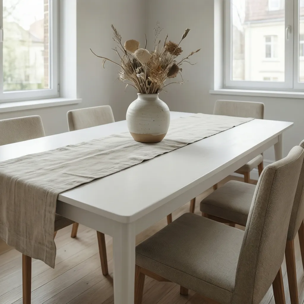 Minimalist white dining table with single vase centerpiece and linen runner