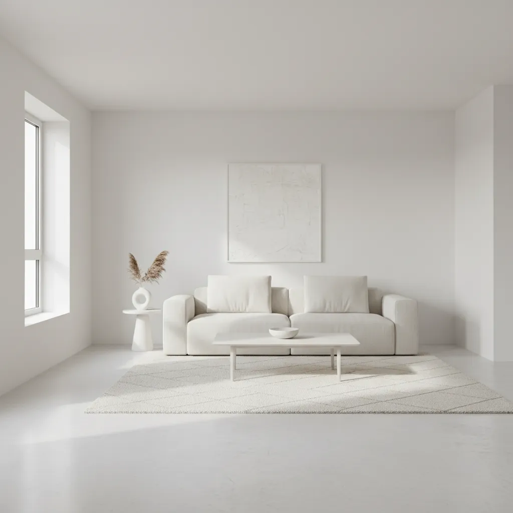 Minimalist white living room with white sofa white coffee table white rug painting and window