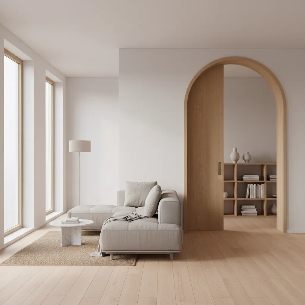 Minimal living room featuring a wooden doorway arch