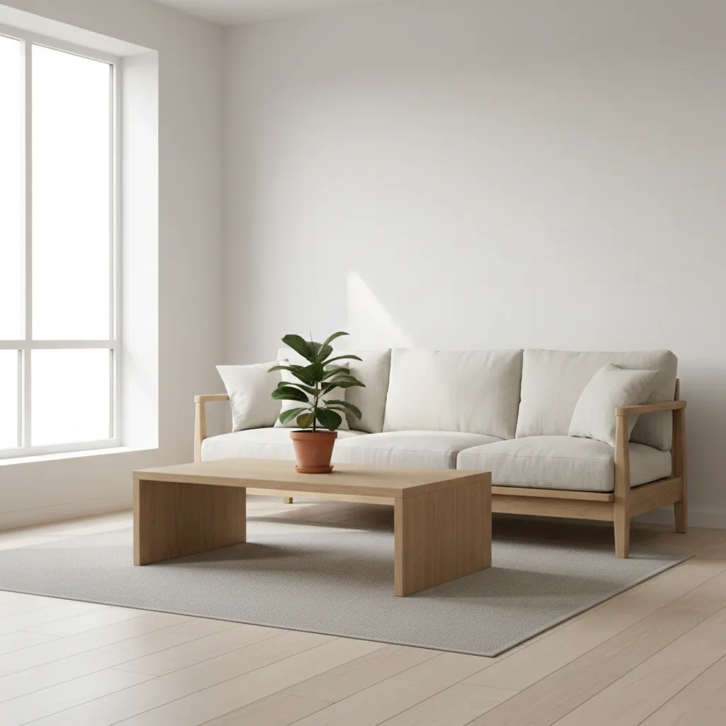 Minimal living room with simple wooden sofa and neutral cushions