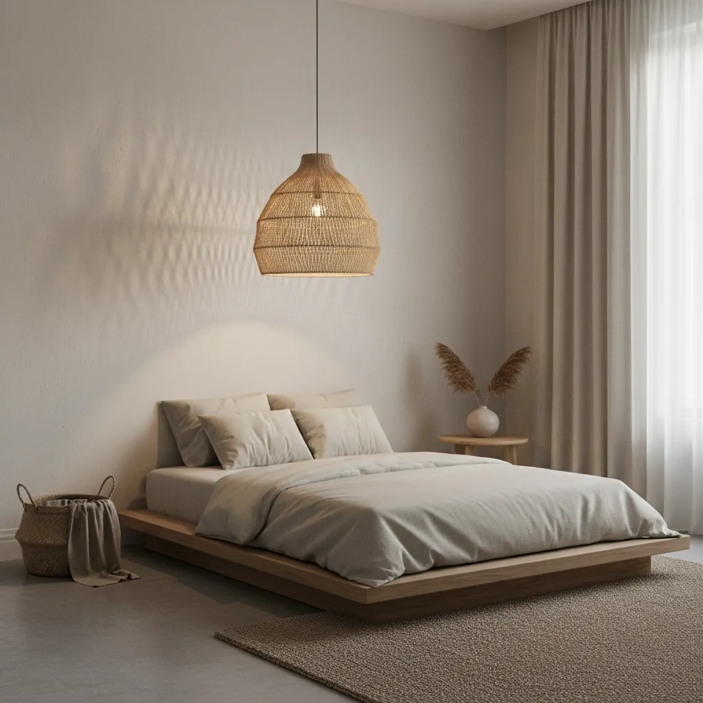 Interior minimalista con una lámpara artesanal de fibras naturales
