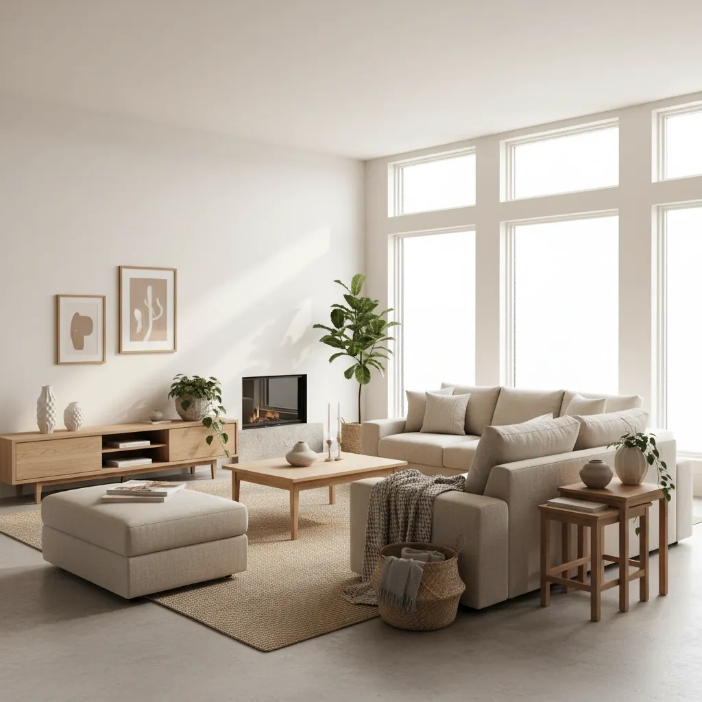 Sala de estar con estilo minimalismo cálido con madera clara y tonos neutros